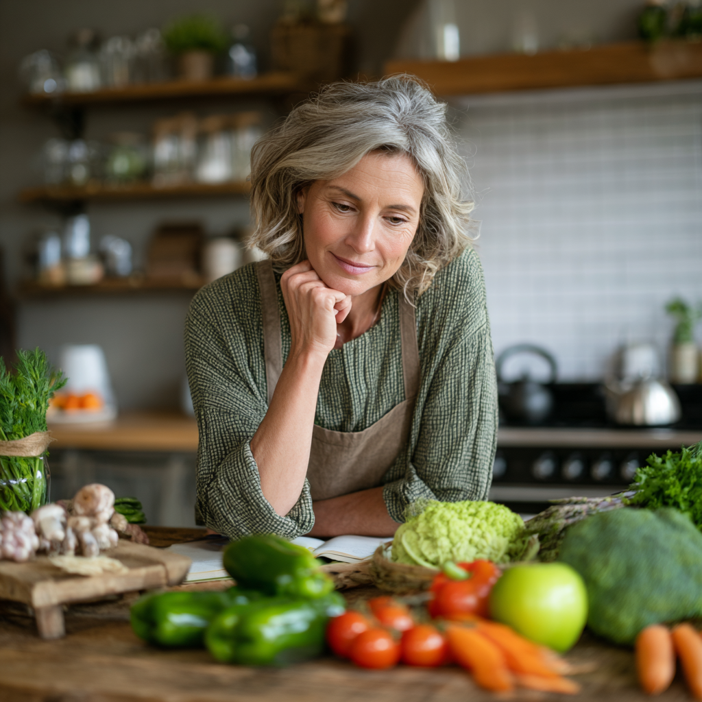 Mature woman planning healthy meals with fresh vegetables and fruits in modern kitchen